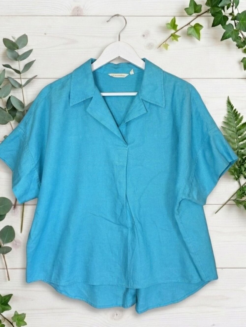Soft Surroundings Top 2X Short Sleeve Blue Button Back Detail Tunic Beachy Boho